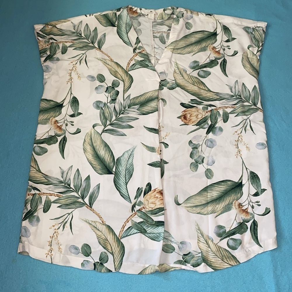 H&M tropical palm print shirt dress pullover short sleeve V-neck pleated size L